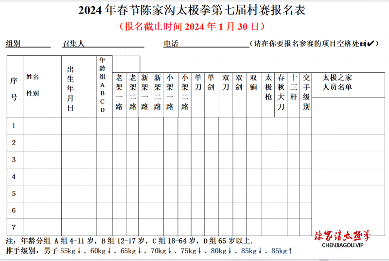 2024年春节陈家沟太极拳“大咖国际”第七届村赛开始报名